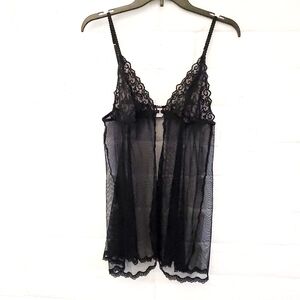2000s Y2k Victoria's Secret Large Silky Black Nighty Babydoll Lingerie Lace